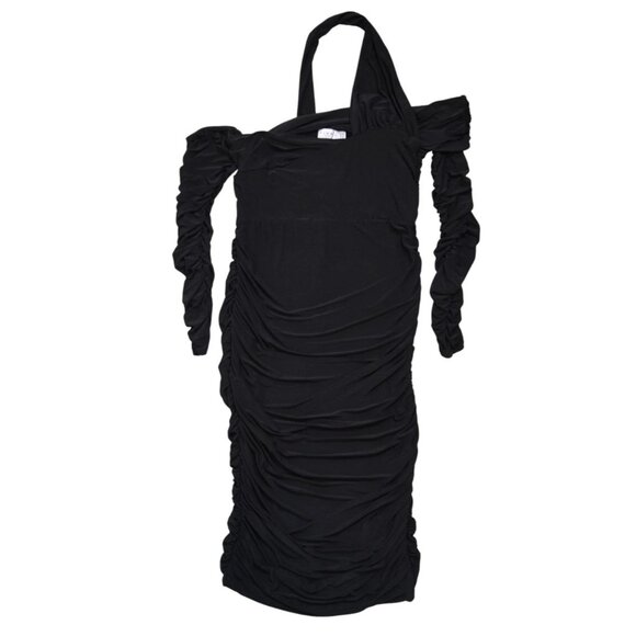 CLUB L LONDON ELODIE BLACK ASYMMETRIC BARDOT RUCHED MIDI DRESS - Picture 3 of 10